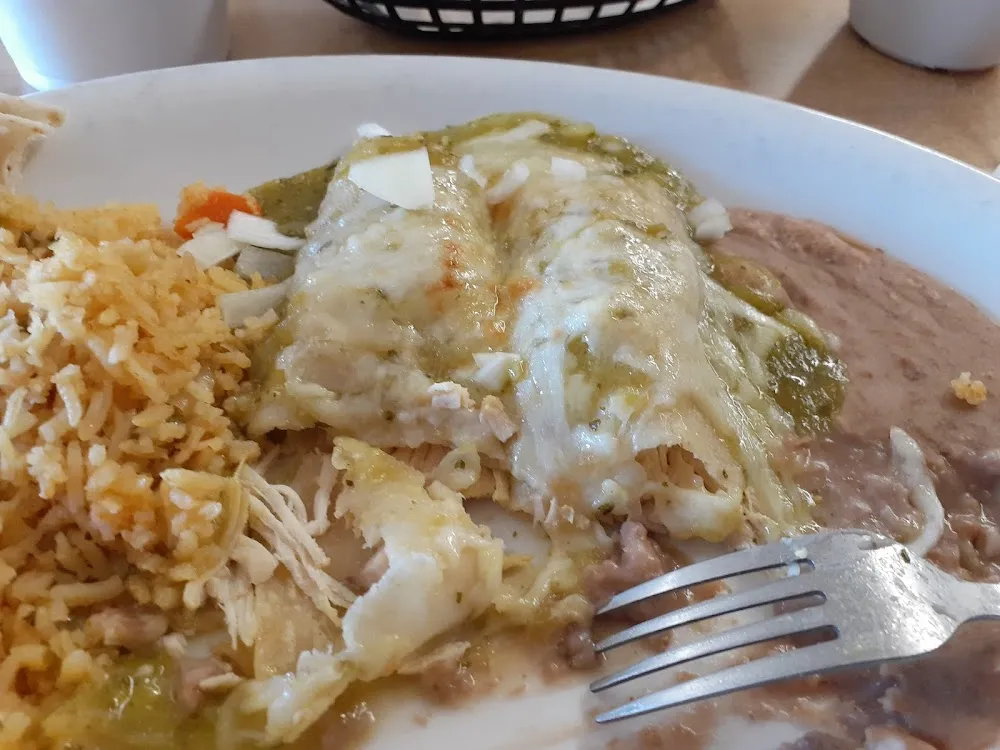 Green Enchiladas Chicken Tender and Savory Rice and Beans to Die For